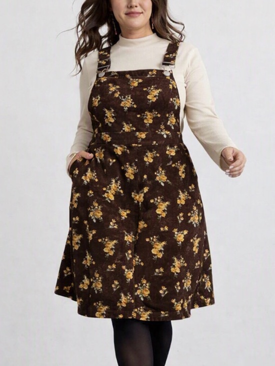 BloomChic Dresses & Skirts - Bloomchic 3X 22/24 women’s overall corduroy floral dress midi brown fall 22-24
